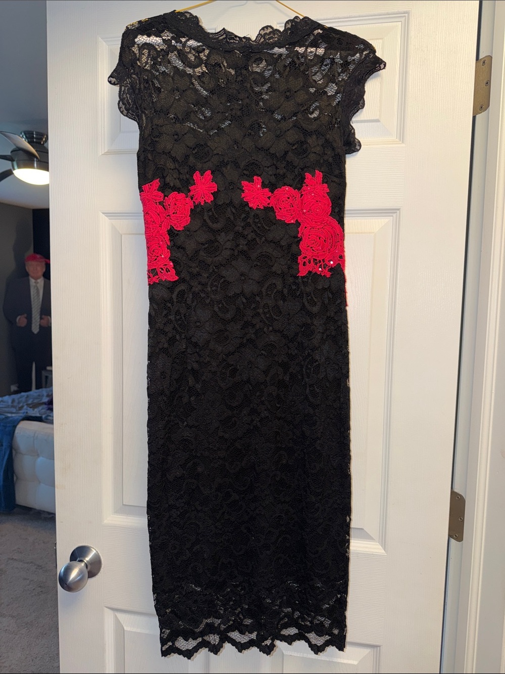 Black Lace Dress with pink Floral Appliqué - Women
